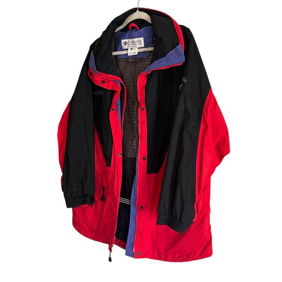 Columbia Omni-Tech Hooded Jacket Red Black Nylon Shell Women’s Large Hiking - Picture 16 of 16
